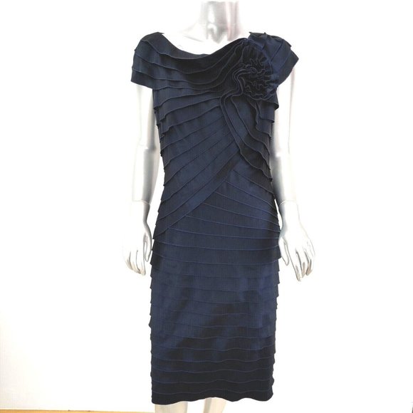 TADASHI SHOJI Size 6 Tiered Rosette Cocktail Formal Sheath Dress Navy Blue $350 - Picture 2 of 11